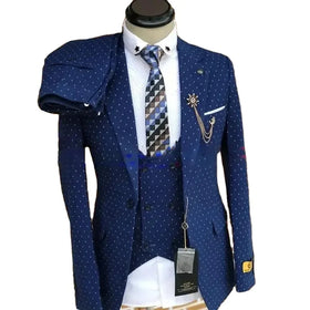 Men's Suits Dot for Men Dark Blue Fashion Notch Lapel Male Blazer Set Formal Casual Wedding Tuxedo 3 Piece (Jacket Vest Pants)