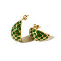 Novel Style Stainless Steel Gold Plated Green White Enamel Croissant Checkered Stud Earrings Tarnish Free Jewelry