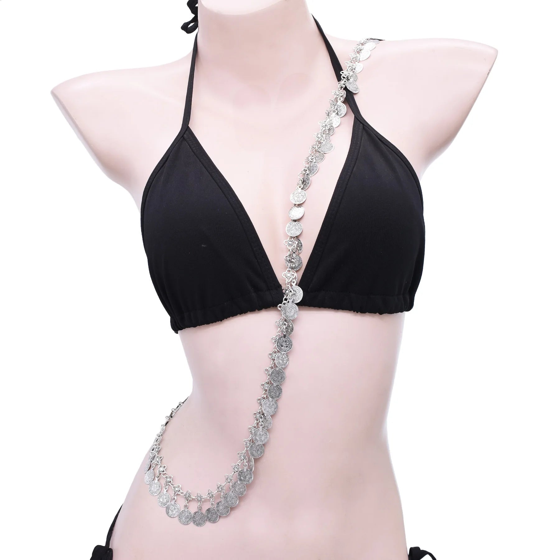 New Trendy Silver Alloy Body Chain Coin Tassel Stylish Shoulder Waist Chain for Anniversary Festivals Clothing Accessory Jewelry