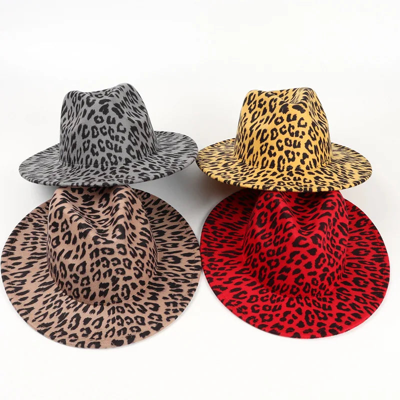 New Wide Brim Leopard Fedora Unisex Ladies Artificial Wool Blend Felt Hats for Women Men Party Trilby Jazz Church Hat Panama Cap