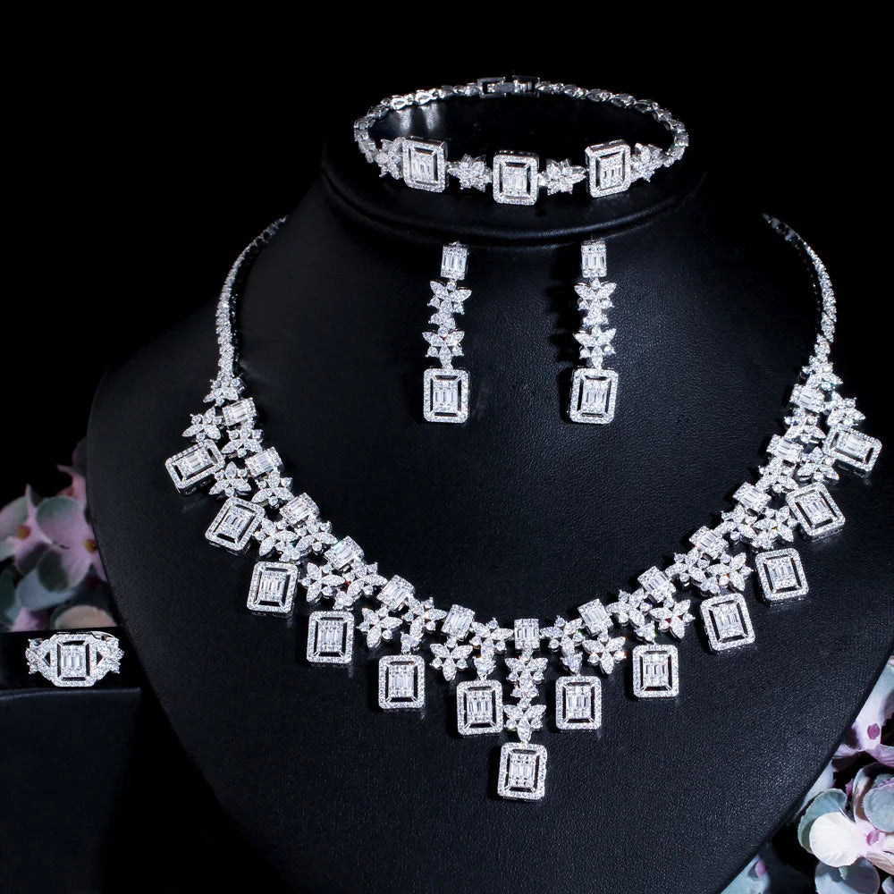 Luxury Saudi Arabia Square Tassel Flower Shaped CZ Jewelry Wedding Drop Earrings Necklace Set for Women Evening Party Accessory