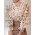 Fashion Hollow Oversize White Blouse 2025 Chic Elegant Floral Lace Fluffy Long Sleeve Top Women Chiffon Button Turtleneck Shirt