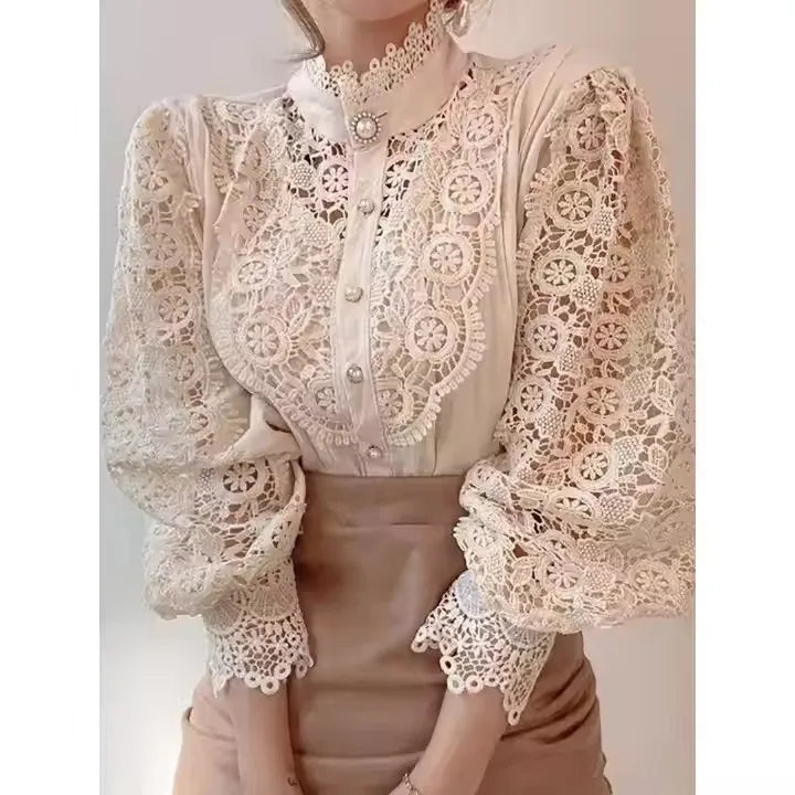 Fashion Hollow Oversize White Blouse 2025 Chic Elegant Floral Lace Fluffy Long Sleeve Top Women Chiffon Button Turtleneck Shirt