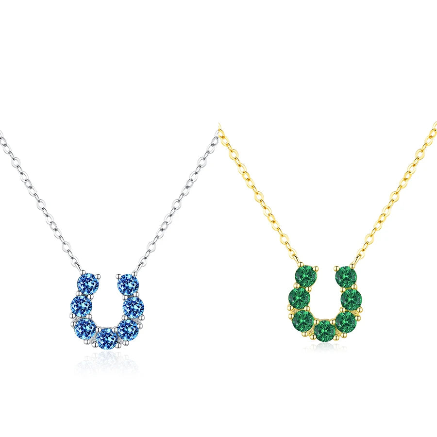 Women's 925 Sterling Silver Clavicle Chain Necklace U-Shaped Pendant Horseshoe Green Blue Zirconia Exquisite Gold for Birthday