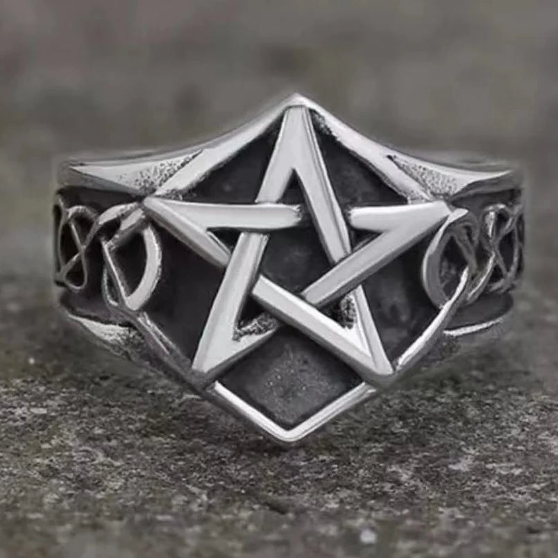 OAHLAN Fashion Jewelry Finger Rings Punk Style Retro Viking Totem Pentagram Stainless Steel Ring for Men Size 7-13