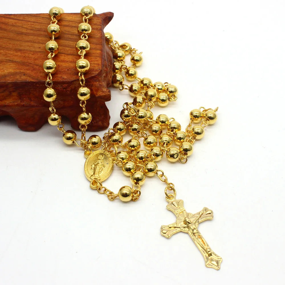 Wholesale Cheap 6mm Golden Silver Copper  Rosary Beads Catholic  Necklace