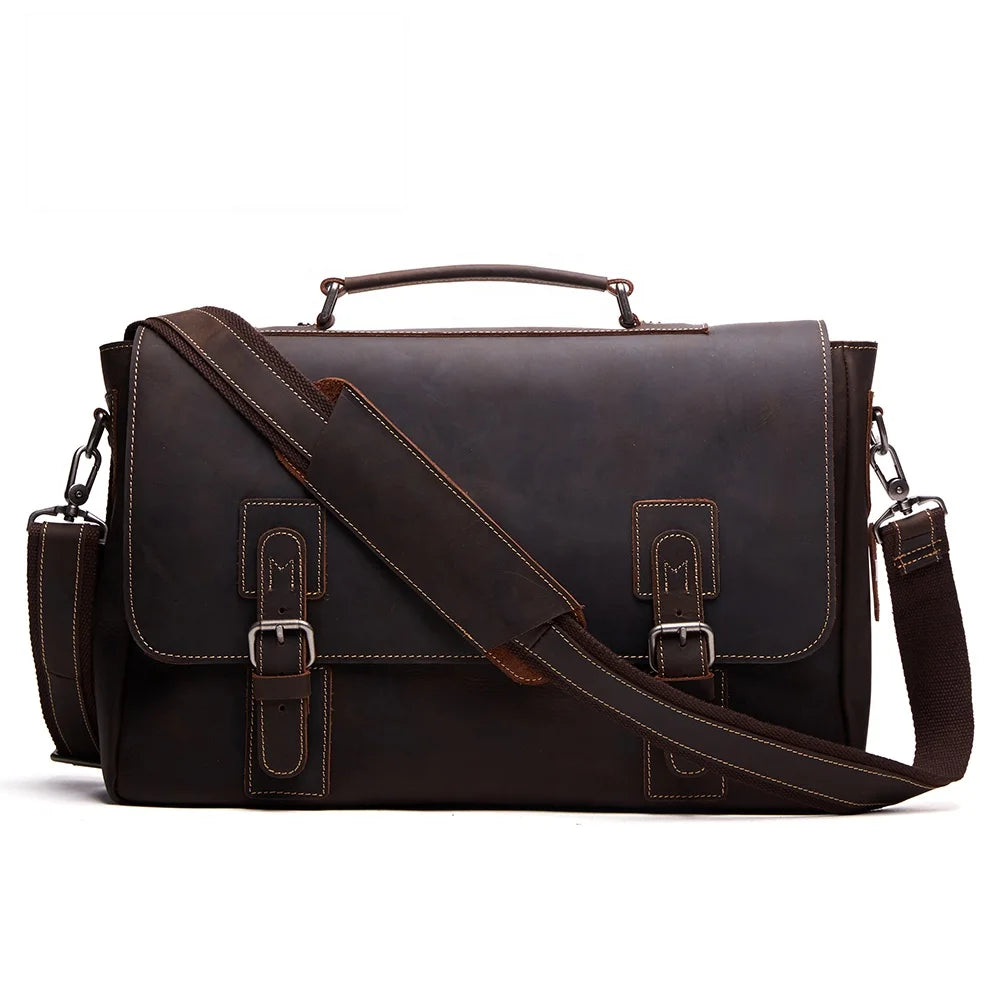 6301 Luxury Vintage Business Briefcase for Men Genuine Leather Laptop Bag Crossbody Messenger Style Retro Classic Design