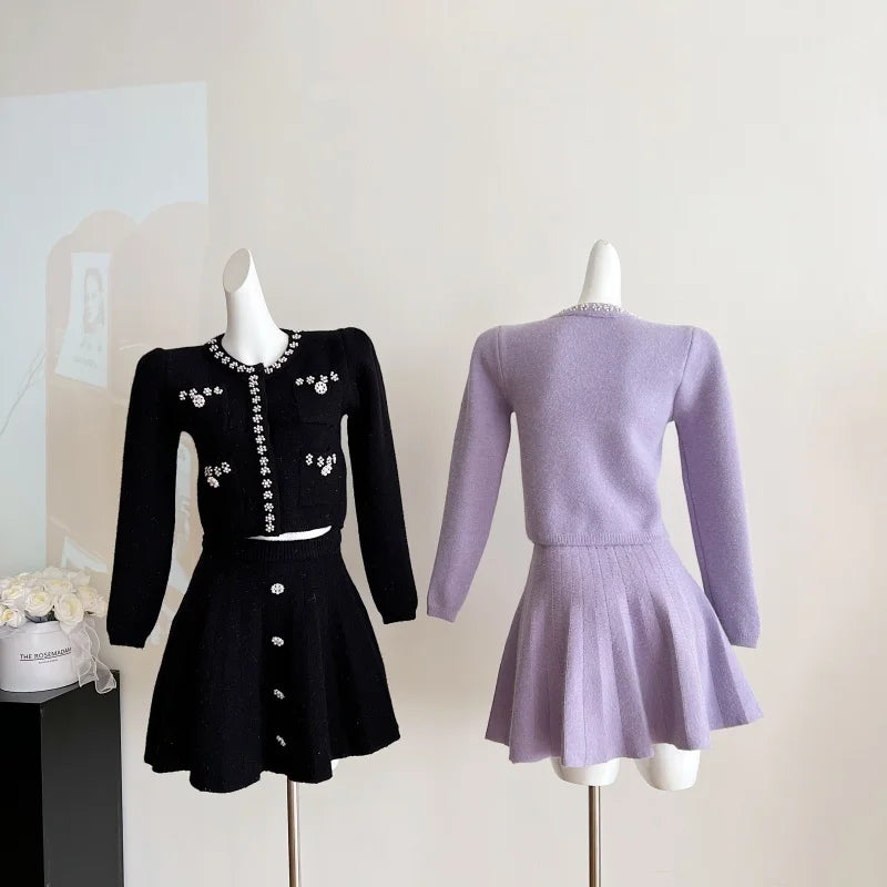 Heavy Industry Nail Beads Small Knitted Cardigan Skirt Two-piece Cashmere Sweater Woman Set Advanced Suit