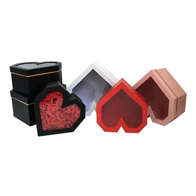 Wholesale Heart-Shaped Gift Box with PVC Window Cardboard Flower Box with Glossy and Matt Laminating New Heart Flower Design