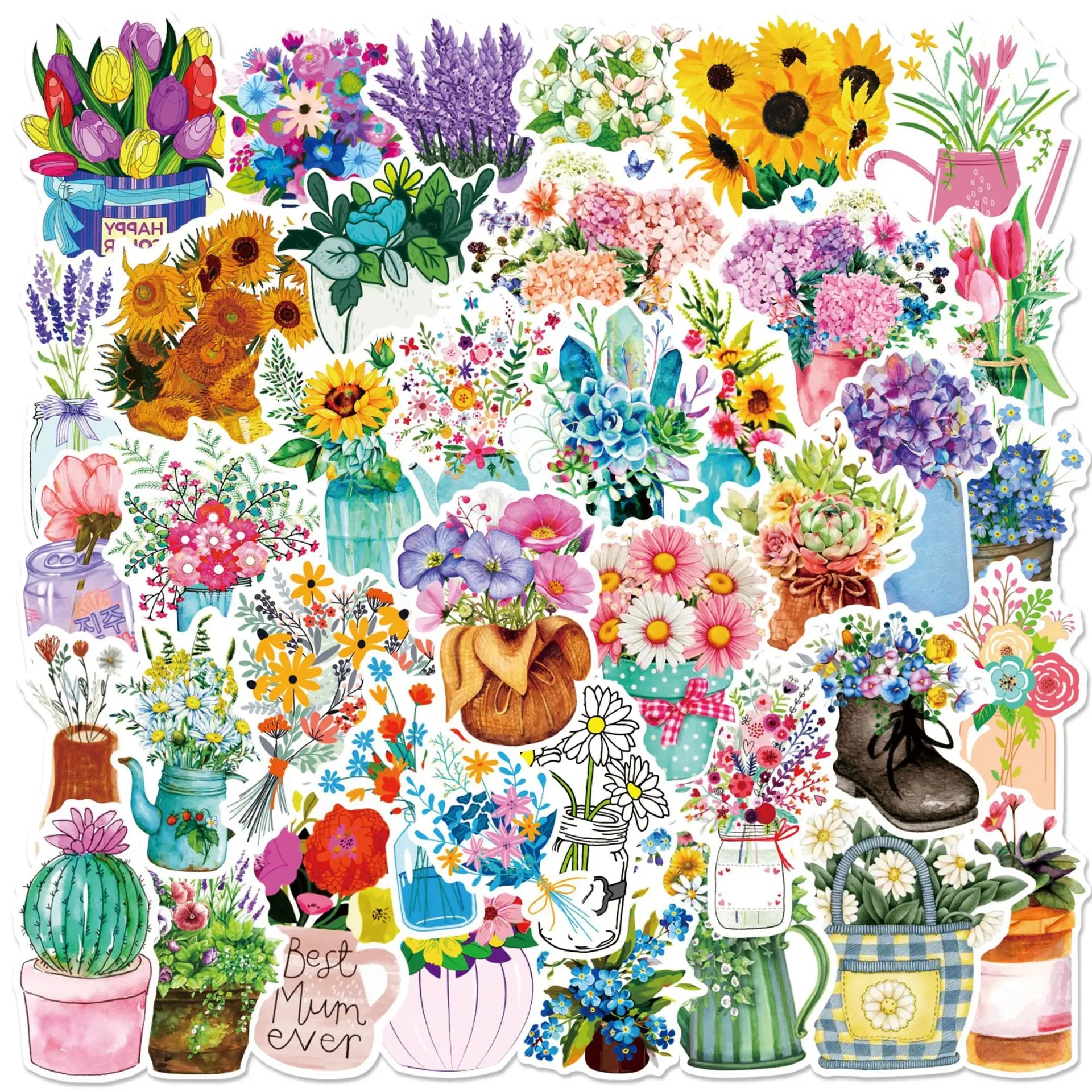 50pcs PVC Fresh Plant Flowers PVC Self Adhesive Stickers for Draw bar Box Guitar Water Bottle Cupboard Suitcase and Books