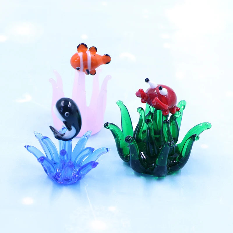 New Arrival Murano Miniature Lampwork Glass Small Turtle Ocean Sea Crab Wave Clown Fish Animal Figurines
