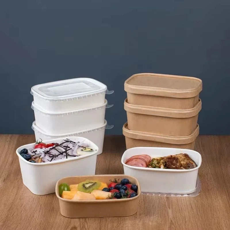 Wholesale Biodegradable Eco-Friendly Rectangular Fast Food Box Disposable Kraft Paper White Paper Bowl For Food With Pp Cover