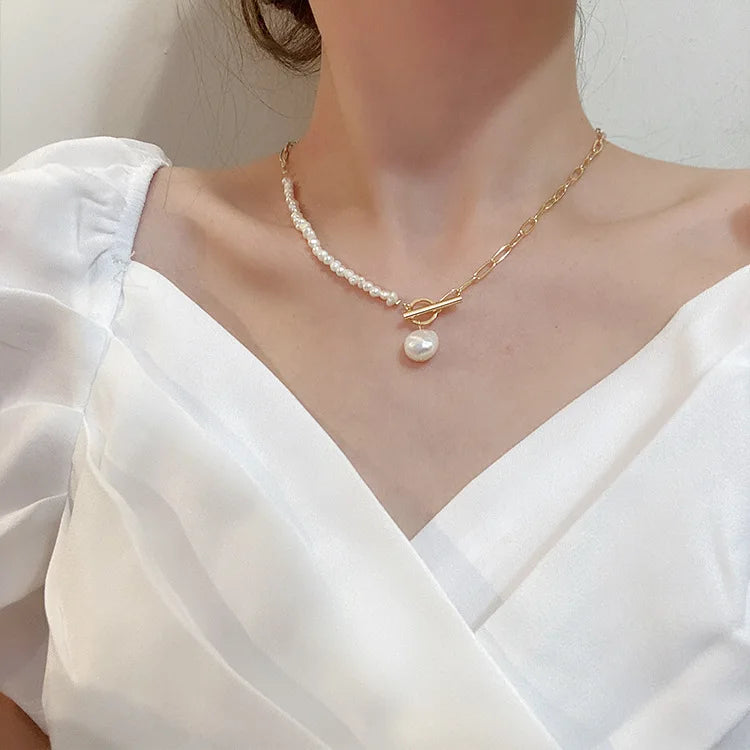 Fashion Jewelry Baroque Charm Gold Plated Chunky Link Beaded Freshwater Pearl Necklace