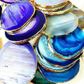 Wholesale Natural Agate Stone Slab Gilded Polished Crystal Round Sliced Cup Holder Blue Agate Slice Coaster