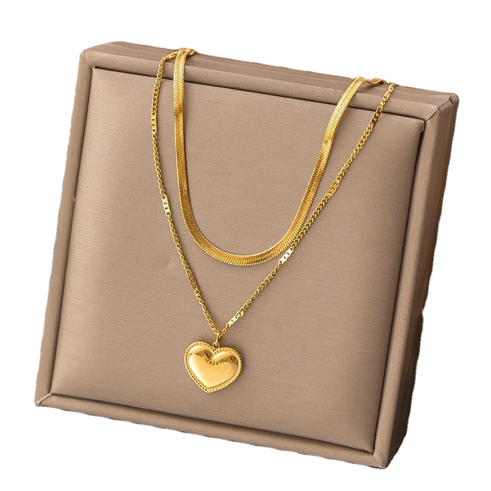 Risingmoon Fashion Stainless Steel Gold Plated Love Heart Shaped Double Pendant Necklace for Woman