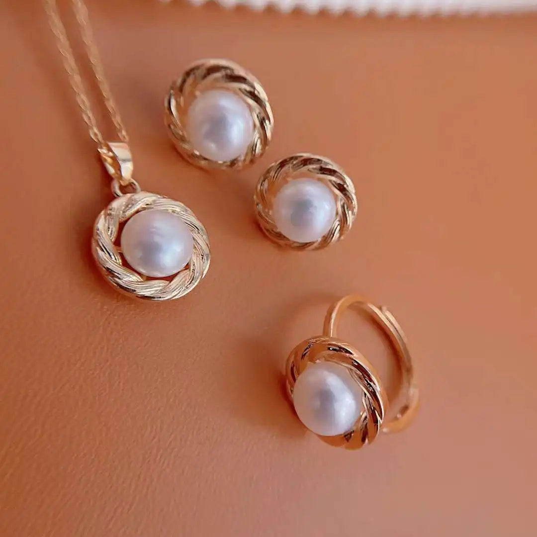 Trendy Women's Gold Filled 8.5-9mm Pearl Necklace Earrings Ring Set 180 Sets-Three-Piece Twist Design