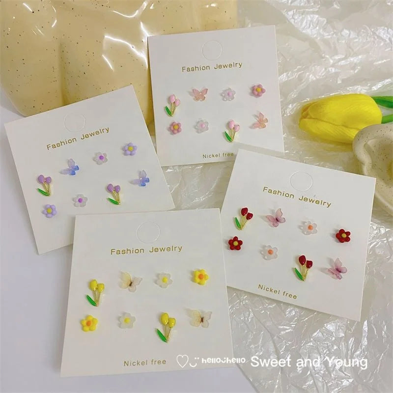 4 Pairs Resin Tulip Flower Butterfly 925 Silver Needle Post Earrings Set Fashion Summer Trendy Insect Candy Color Earings 2021