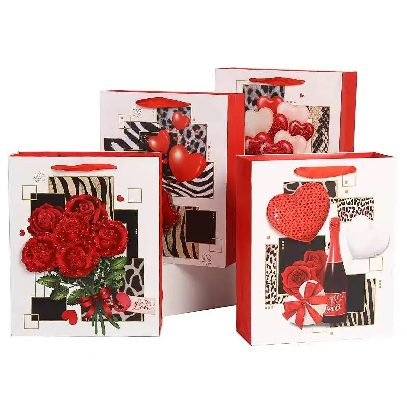 Valentine's Day Love Heart Gift Paper Bags Romantic Rose Flowers Paper Handbag Boutique Gift Paper Bags With Handles