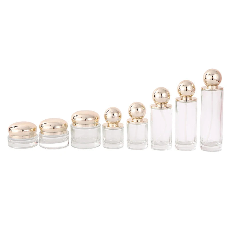 50g 100ml 150ml Clear Round Glass Lotion Pump Bottle with Golden Lid for Skin Care Serum or Mascara Cream Jar Cosmetic Set