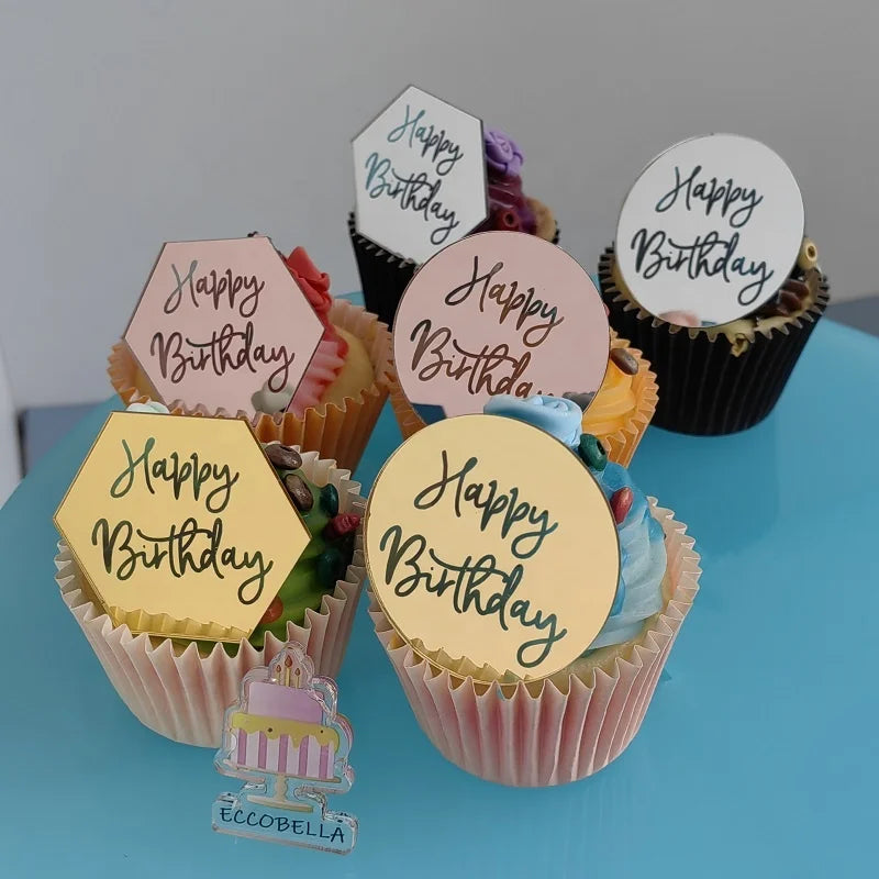 Mini Acrylic Happy Birthday Disc Cupcake Topper Festive Cake Decorating Supplies for Dessert Decoration