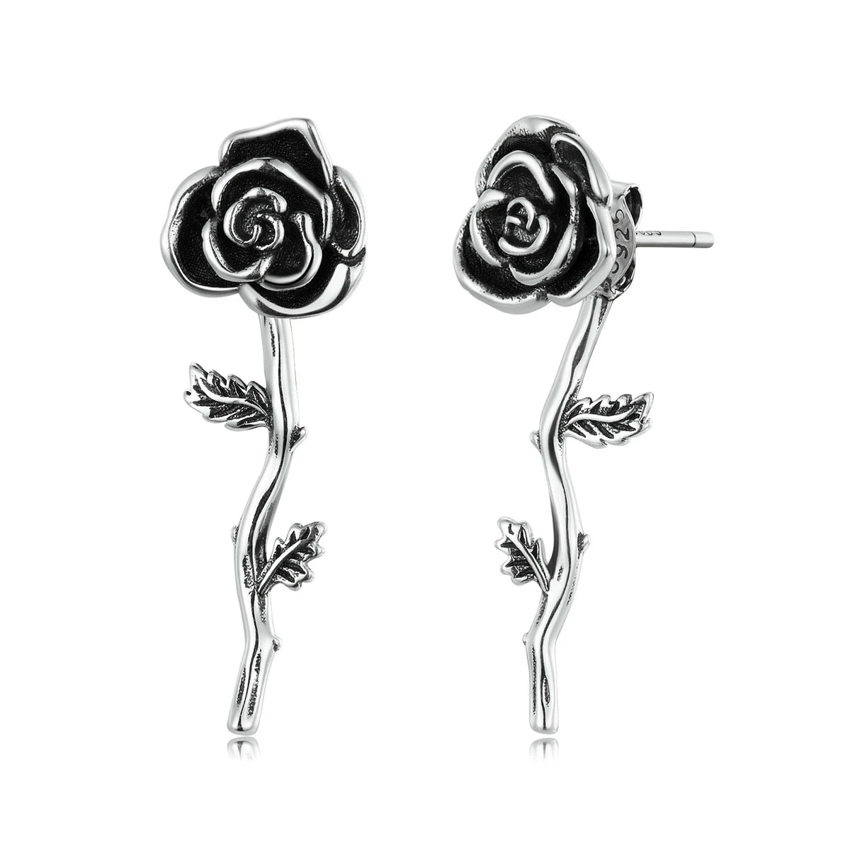 925 Sterling Silver Vintage Rose Stud Earrings for Women Retro Black Rose Girls Ear Studs Fine Jewelry Dainty Ears Gift SCE1361