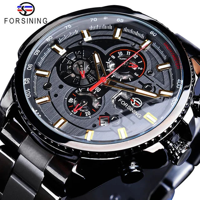 Forsining Mens Business Rose Golden Case Blue Stainless Steel Sport Three Dial Multifunction Mechanical Automatic Wrist Watch