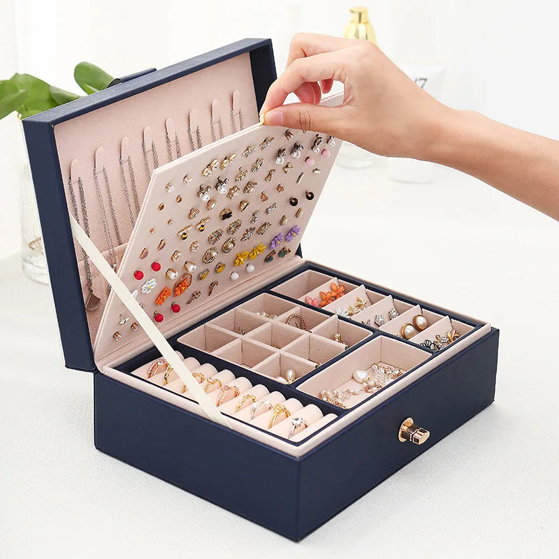 Wholesale Large-Capacity Double-Layer Leather Jewelry Box for Earrings & Rings with Exquisite Buckle for Stylish Storage