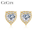 CZCITY S925 Sterling Silver Heart Shape Earrings for Women Gold Plated Wedding Diamond Zirconia Stud Earrings