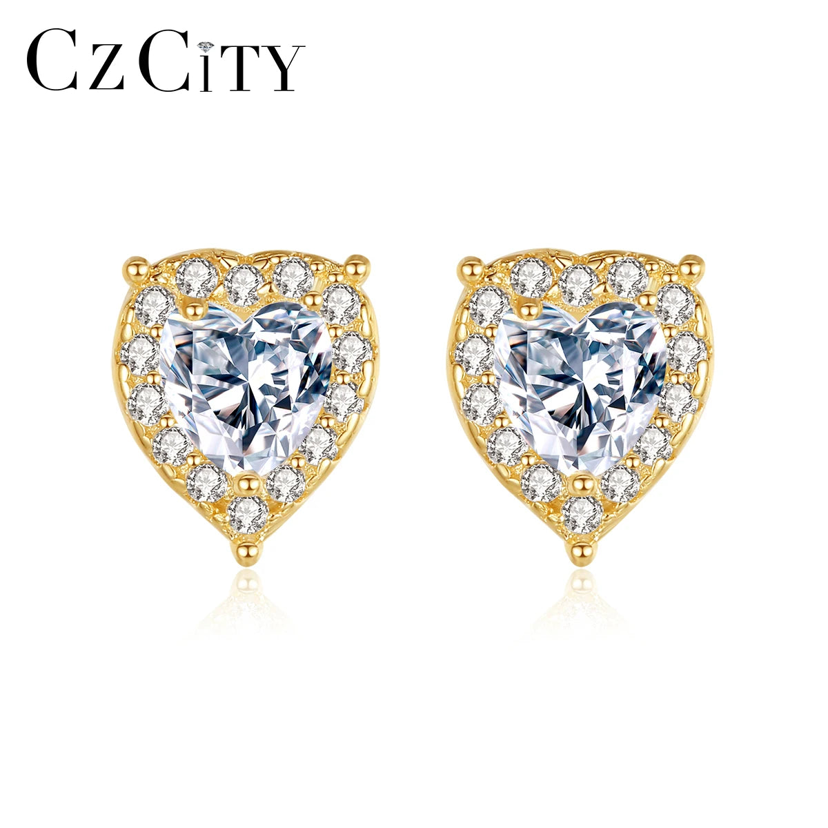 CZCITY S925 Sterling Silver Heart Shape Earrings for Women Gold Plated Wedding Diamond Zirconia Stud Earrings