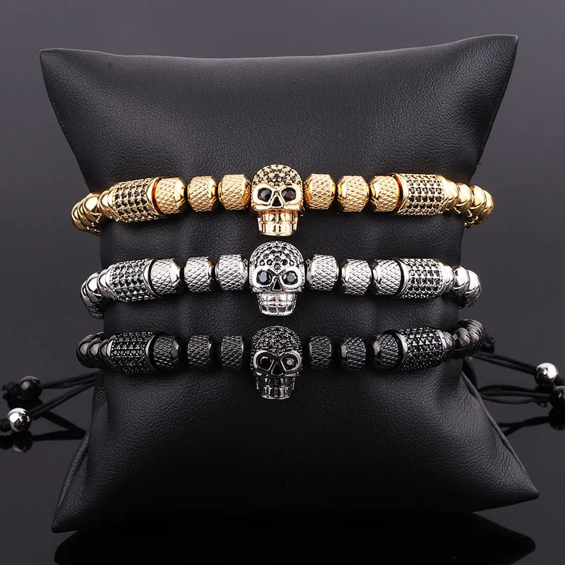 Renting Jewelry New Design Stainless Steel Beads CZ Skull Charm Men Macrame Adjustable Friendship Bracelet