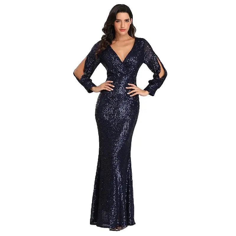 Spring and Autumn Fashion Dress Multicolor Large Size Long Sleeve V-Neck Sequined Fishtail Evening Dress Women's Dress