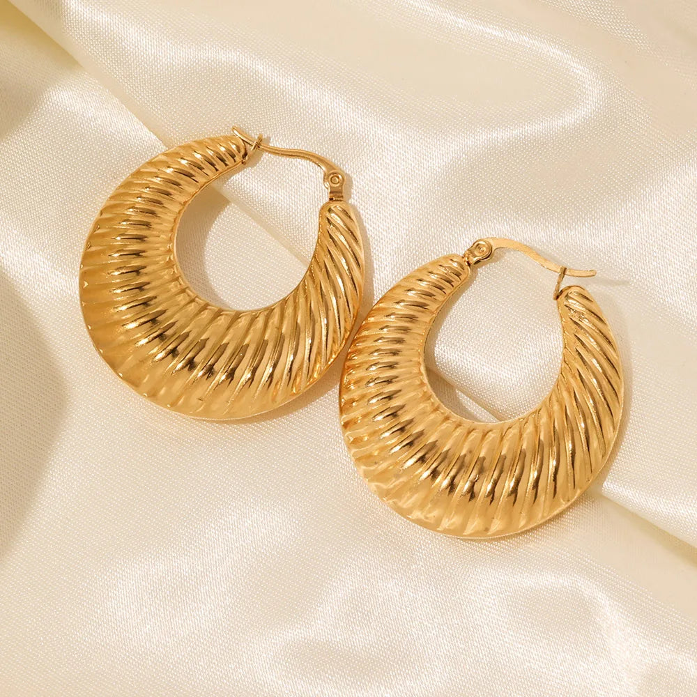 Waterproof Jewelry Stainless Steel Gold Plated Large Earrings Hypoallergenic Chunky Croissant Twisted Hollow Hoop Earrings