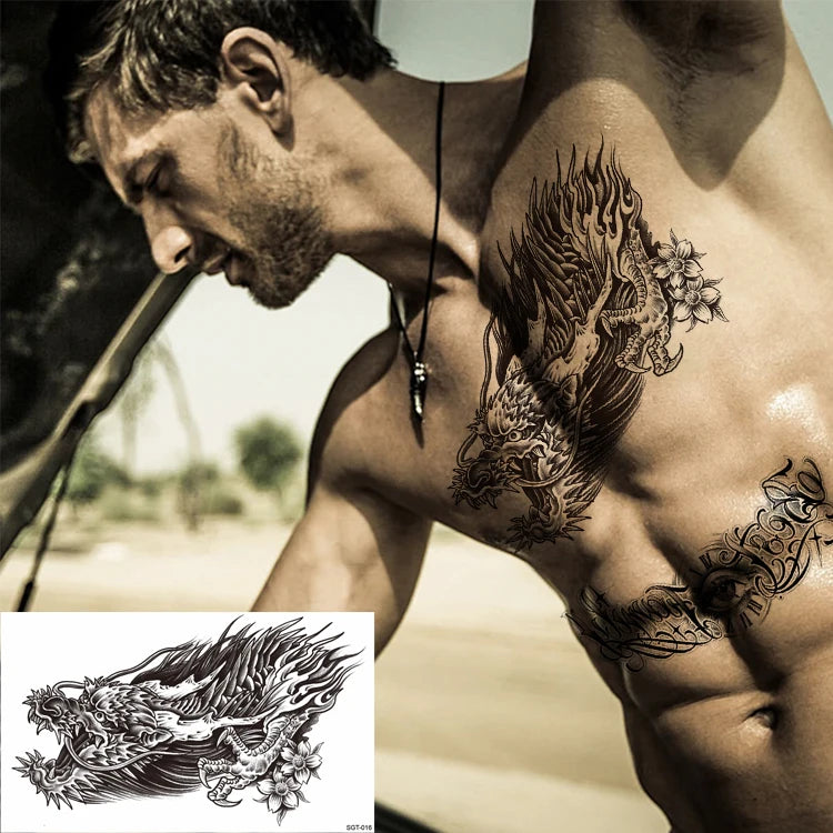 Waterproof Goth Temporary Tattoo Sticker Black and Gray Lion Flower Butterfly Design for Neck and Chest