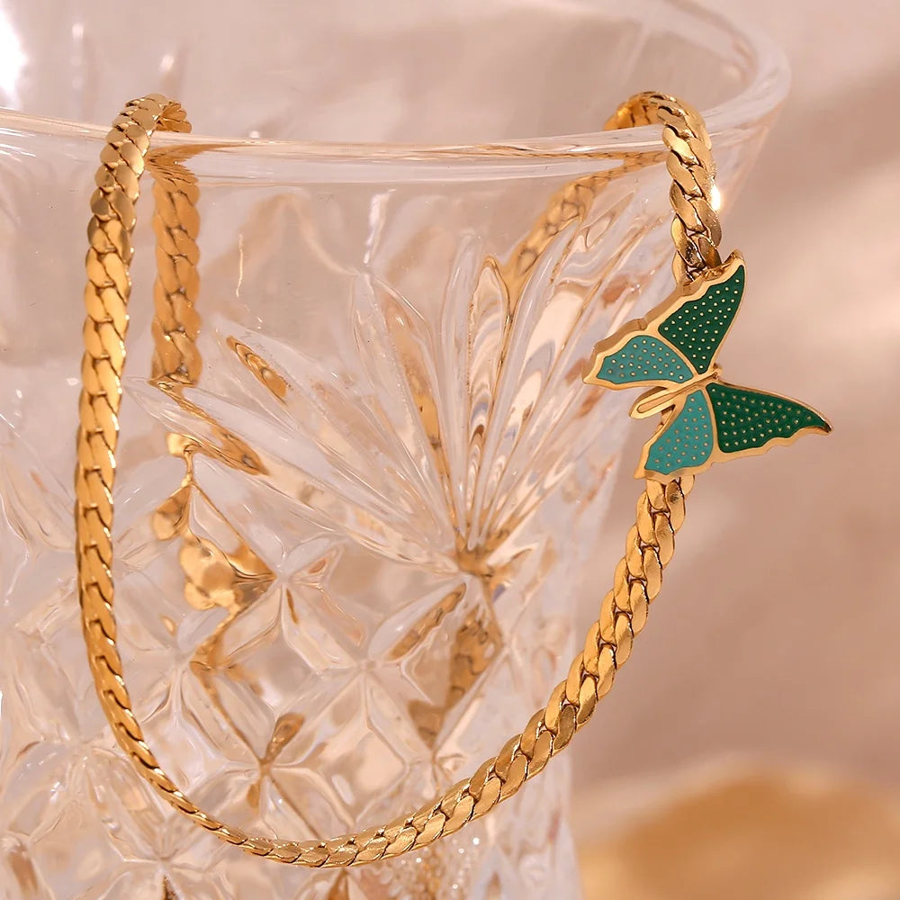 Dreamshow Enamel Butterfly NK Chain Choker Necklace PVD Gold Plated Stainless Steel Chain Necklace Collier En Acier Inoxydable