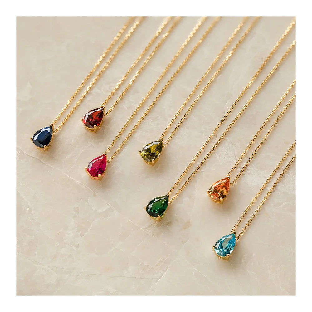 18k Gold Plated Tarnish Free Stainless Steel Water Drop 12 Birthstone Gemstone Pendant Necklace for Women