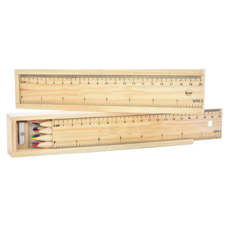 JH Promotional Drawing Tool Kit Pencil Sharpener Ruler 12 Colors Pencil Set in Wooden Box