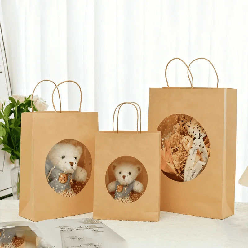 Custom Reusable Recyclable Kraft Paper Shopping Tote Bag Biodegradable Doll Gift Packaging Bag with Pvc Window Printable Logo