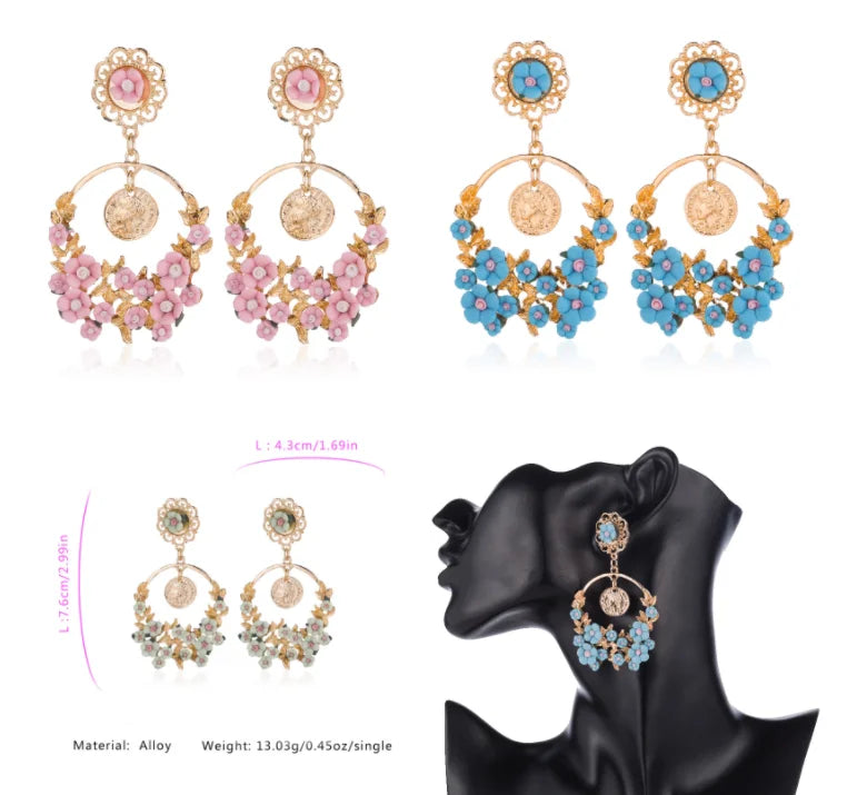 Hot Pretty Summer Flower Bohemian Beads Drop Earrings Gold Head Portrait Hoop Earrings