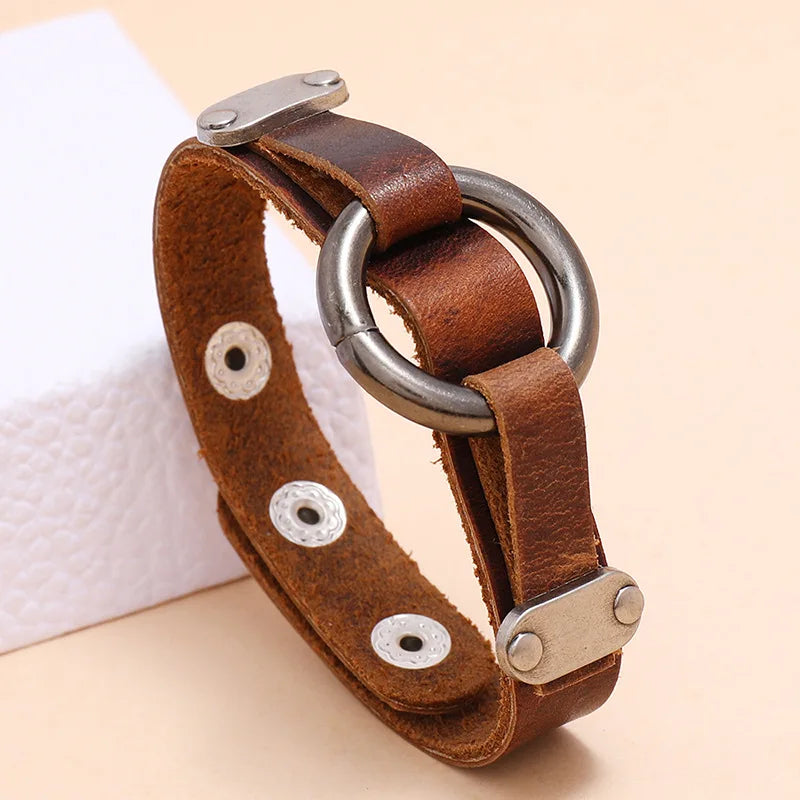 Personalized Men's Leather Bracelet - European and American Fashion Accessory Minimalist Vintage Round Loop Punk Wristband