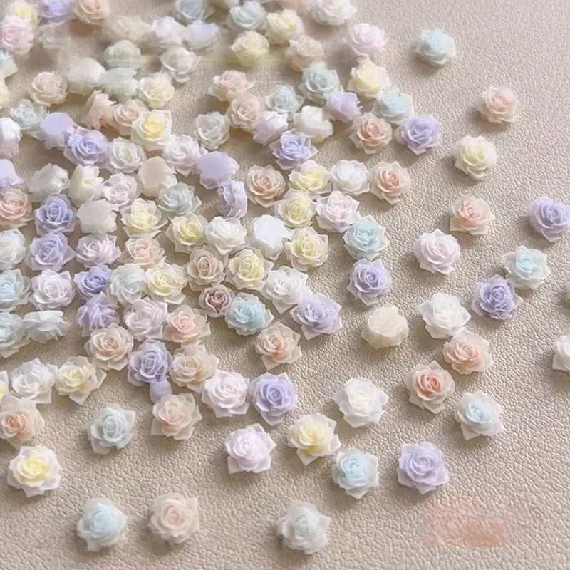 Paso Sico 50Pcs/bag French Nail Art Pink Purple Rose Camellia Soft Resin Carved Small Jewelry Nail Diamond Nail Art Decoration