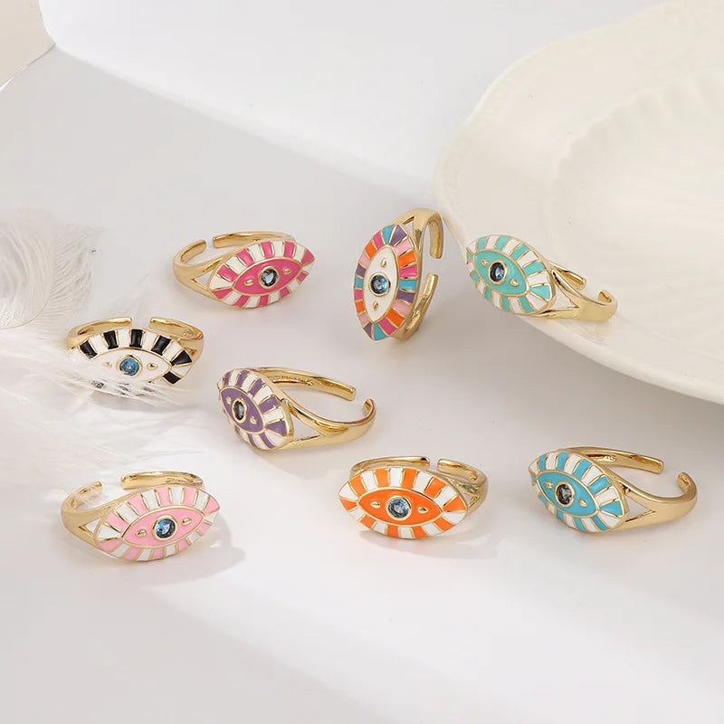 Bohemian Gold Plated Colorful Oil Dripping Open Eye Rings Crystal Adjustable Rainbow Enamel Evil Eyes Ring