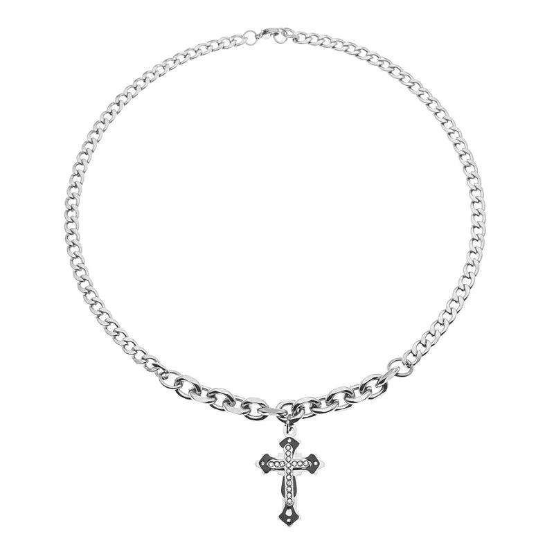 Fashion Men Women Jewelry Hip-hop Luxury Titanium Steel Necklace Gem Inlayed Cross Clavicle Chain