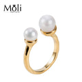 Fashion 18K Gold Plating 925 Sterling Silver JewelryTwo Pieces Round Real Pearl Open Ring