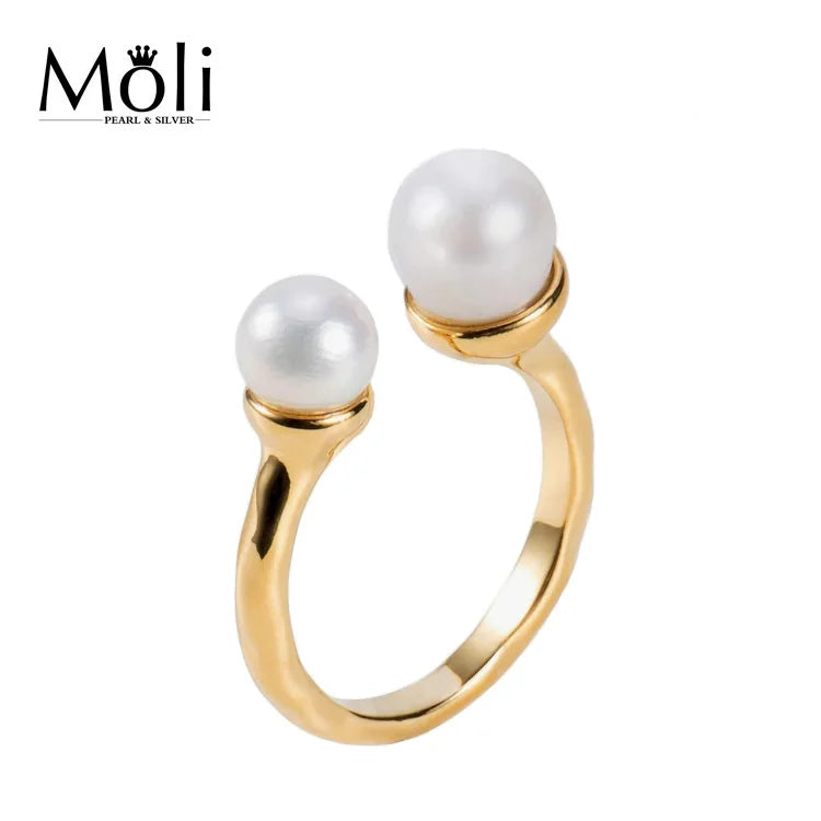 Fashion 18K Gold Plating 925 Sterling Silver JewelryTwo Pieces Round Real Pearl Open Ring