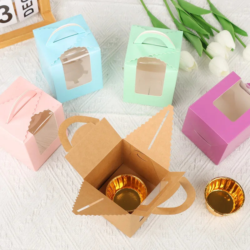 Hot Sale Premium Small clear Window pink Bento Cupcake Packaging Individual Cupcake Boxes with Handle for Wedding Party