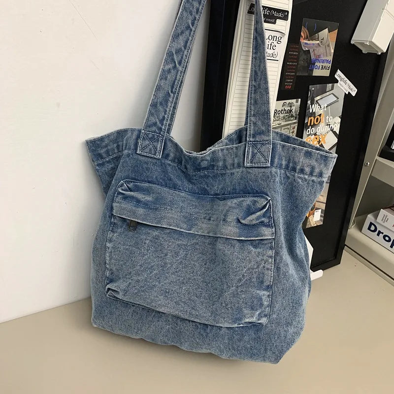 Solid Color Large Capacity Women Shoulder Bags Denim Cloth Portable Ladies Handbags Vintage Simple Female Book Tote Casual Bag
