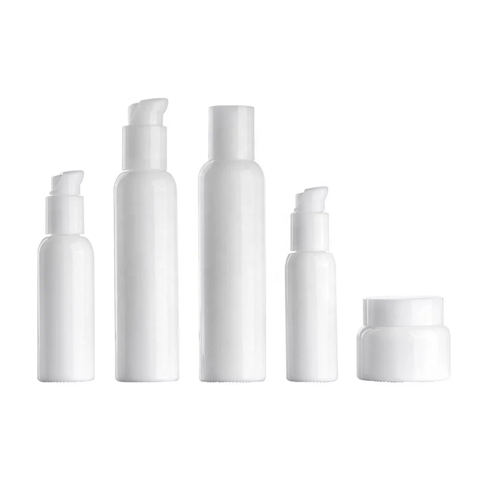 Boston Round Opal Glass Bottle 120 ml 100 ml White Cosmetic Bottle 30 ml Serum Bottle and 50 ml Cream Jar with Plastic Closure