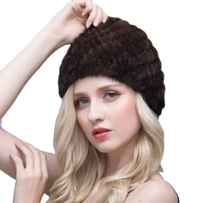 MWFur Fashion Mink Fur Striped Pineapple Hat for Winter Ladies Fashion Mink Fur Knitted Hat Winter Warm Hats