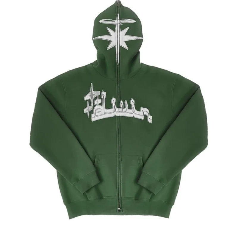Custom Logo 100% Cotton Fleece Oversized Full Face Zip-up Hoodie Vintage Style Embroidered Heavy Collar Streetwear for Autumn