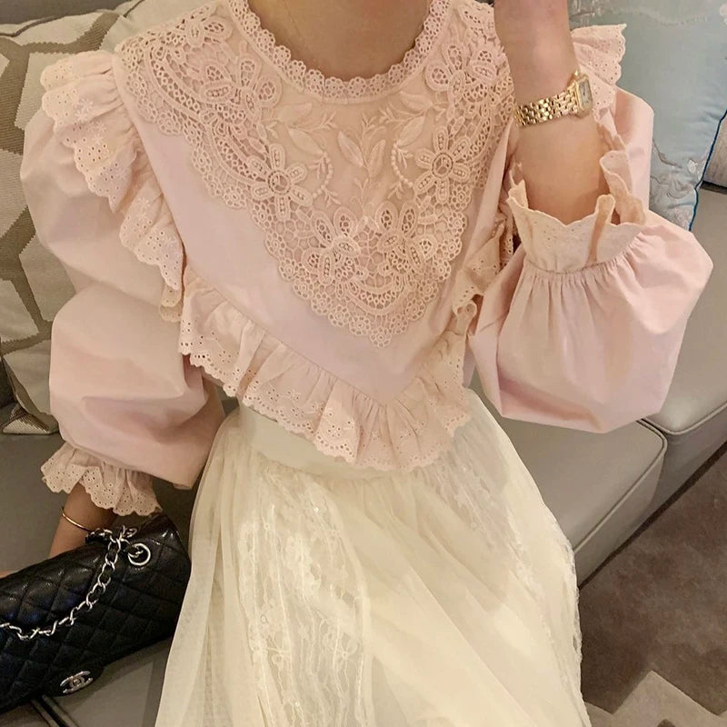Wholesale 2026 Autumn French Court Style Round Neck Lace Hook Flower Loose Casual Versatile Flare Sleeve Women's Shirt
